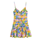 Summer Small Fresh V neck Yellow Printings Pleated Dress for Women Shell