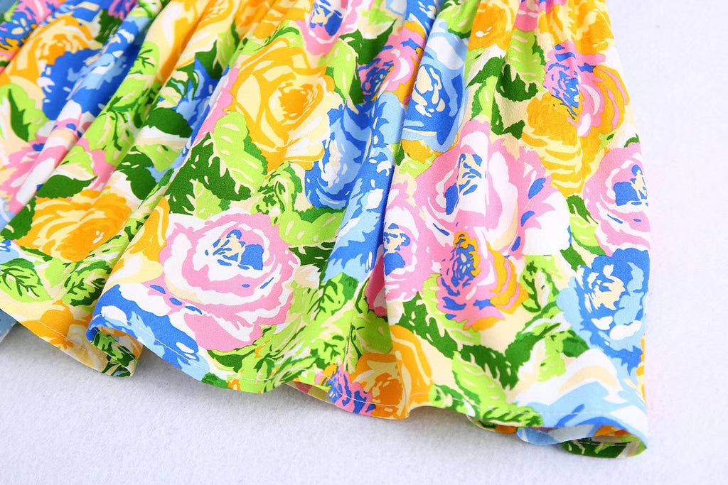 Summer Small Fresh V neck Yellow Printings Pleated Dress for Women Shell