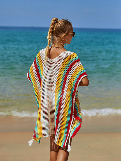 Summer Beach Cover up Cutout Knitted Tassel Holiday Bikini Cover Women