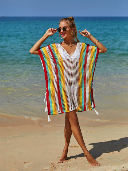 Summer Beach Cover up Cutout Knitted Tassel Holiday Bikini Cover Women