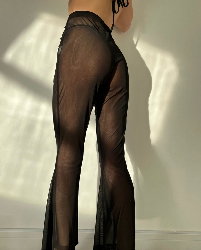 Women Clothes Casual Pants Sexy Sheer Mesh Slightly Flared Beach Trousers