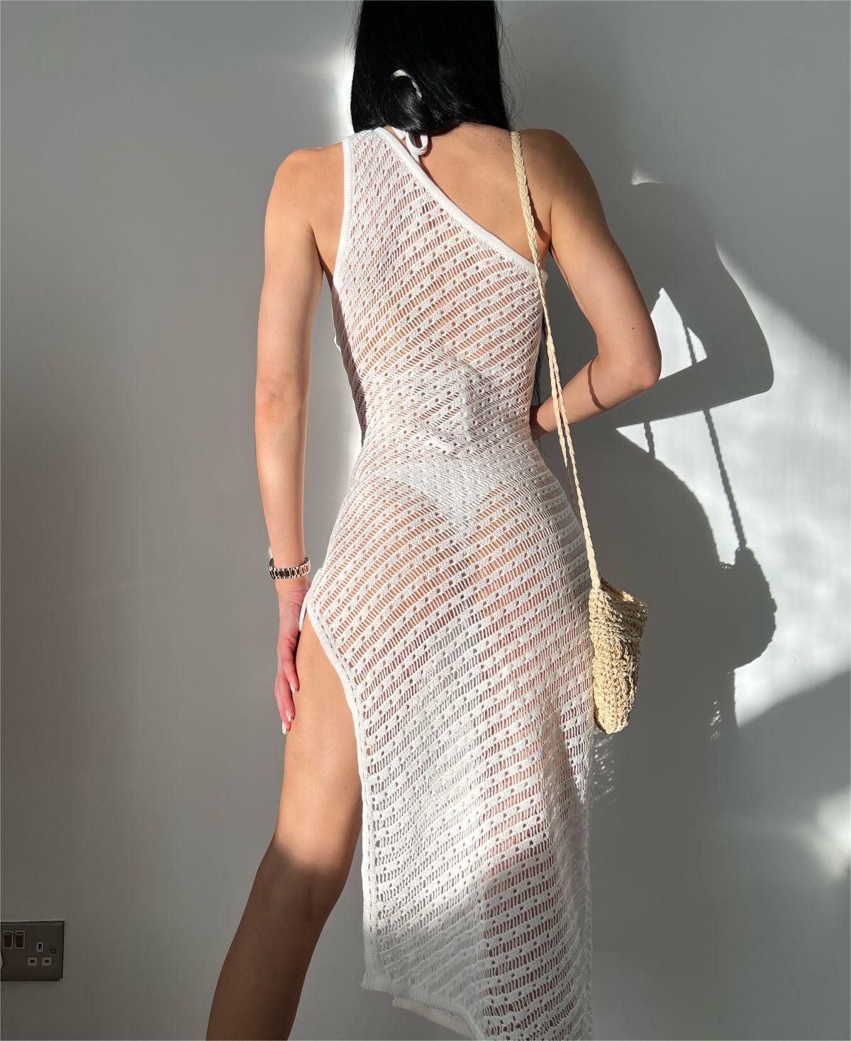 Robe de plage sexy en tricot ajouré et fendu pour femme, cache-maillot transparent