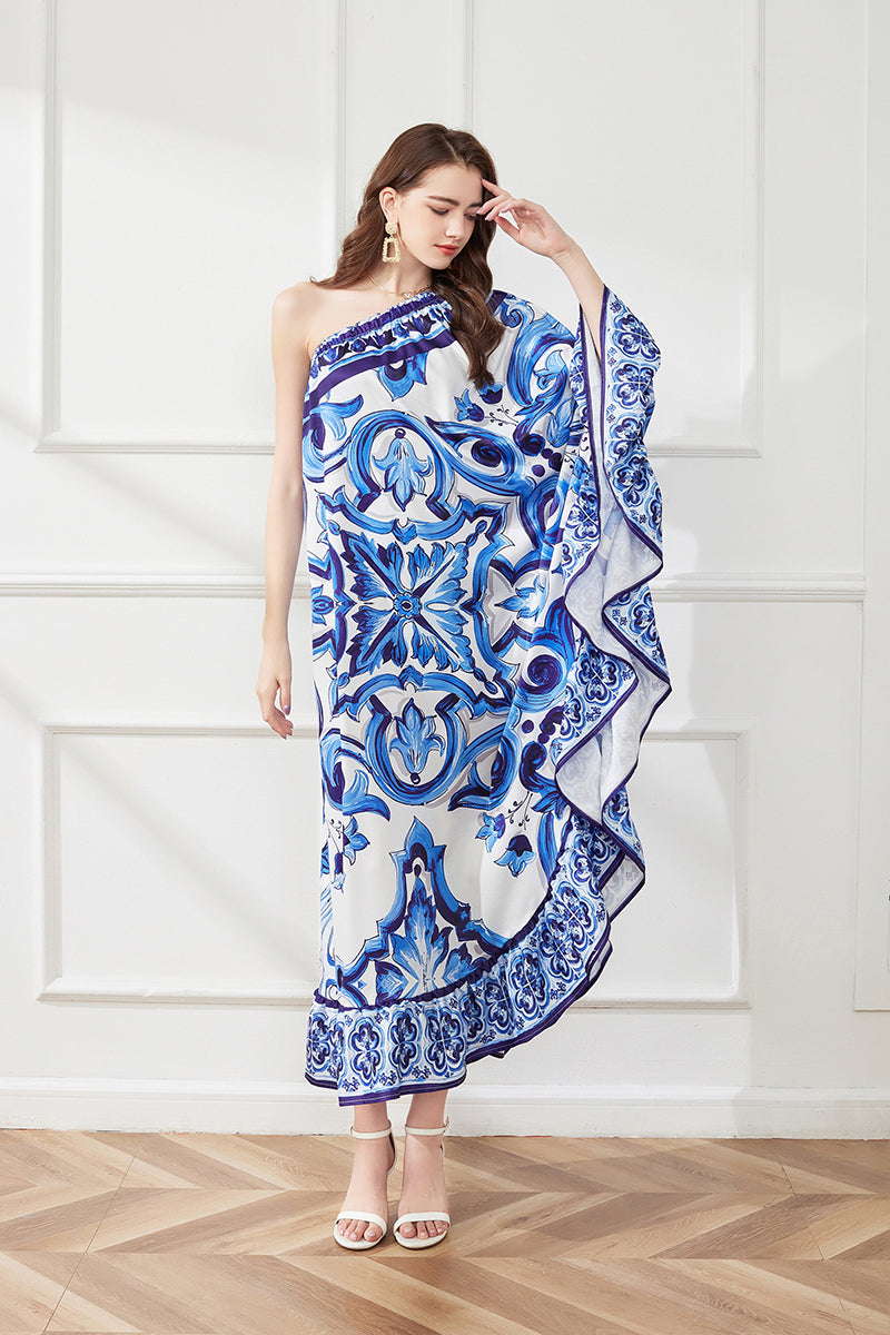Spring Summer Asymmetric Design Slant Shoulder Print Loose Dress ESUNG