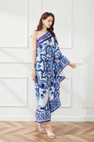 Spring Summer Asymmetric Design Slant Shoulder Print Loose Dress ESUNG