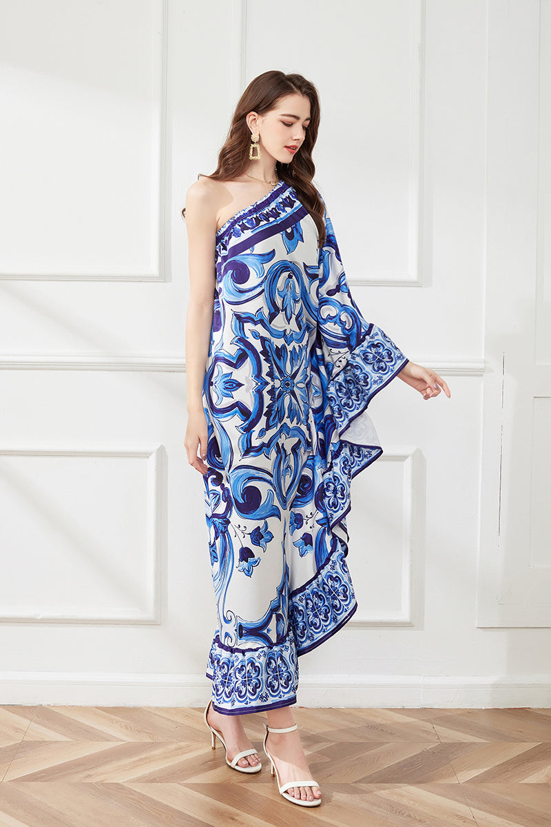 Spring Summer Asymmetric Design Slant Shoulder Print Loose Dress ESUNG