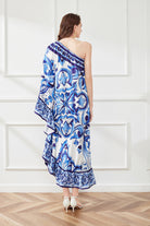 Spring Summer Asymmetric Design Slant Shoulder Print Loose Dress ESUNG