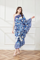 Spring Summer Asymmetric Design Slant Shoulder Print Loose Dress ESUNG