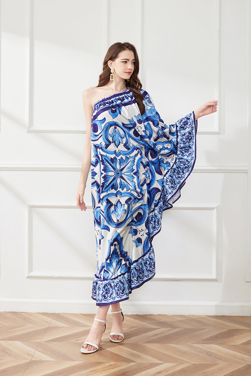 Spring Summer Asymmetric Design Slant Shoulder Print Loose Dress ESUNG