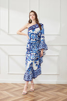Spring Summer Asymmetric Design Slant Shoulder Print Loose Dress ESUNG