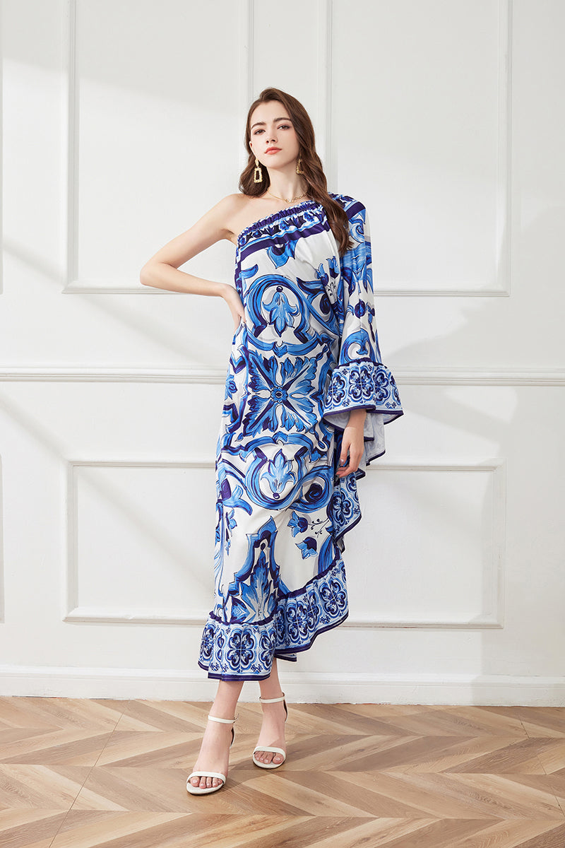 Spring Summer Asymmetric Design Slant Shoulder Print Loose Dress ESUNG