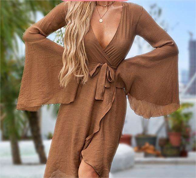 Blusa larga con protección solar y lazo, cárdigan de manga larga tipo trompeta, falda de bikini para mujer de verano