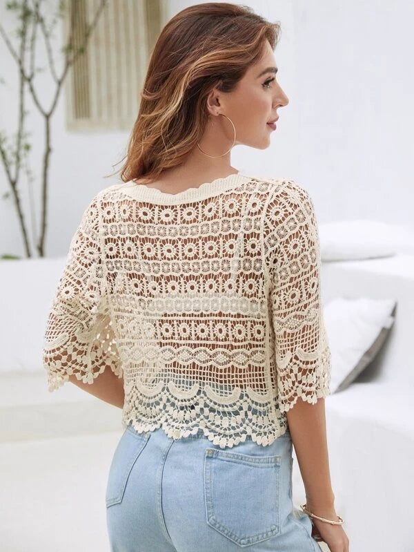 Women Summer Vacation Short Sleeve Solid Crochet Top Crochet hook