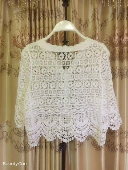 Women Summer Vacation Short Sleeve Solid Crochet Top Crochet hook