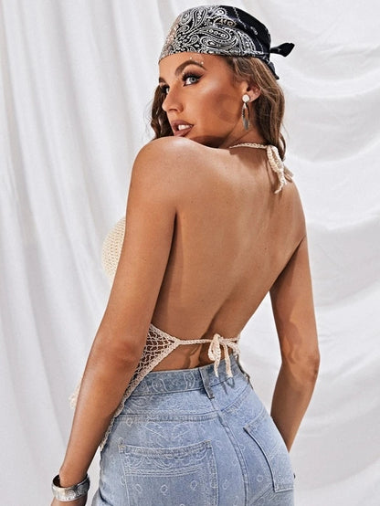 Women Summer Vacation Sleeveless Solid Tie Crochet Fringe Top Crochet hook