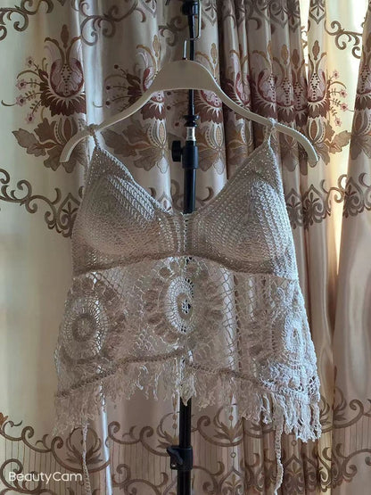 Women Summer Vacation Sleeveless Solid Tie Crochet Fringe Top Crochet hook