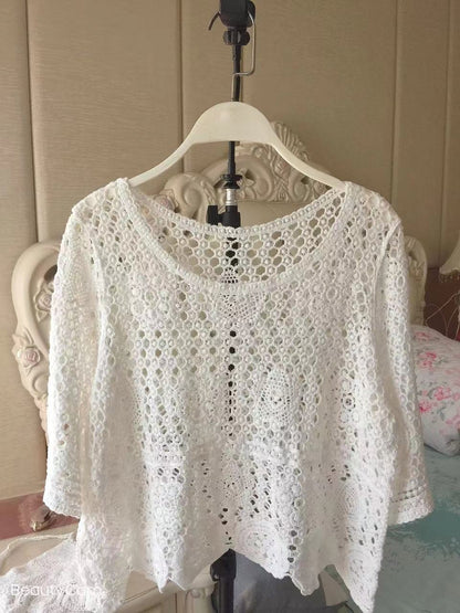 Women Summer Vacation Short Sleeve Solid Regular Crochet Top Crochet hook