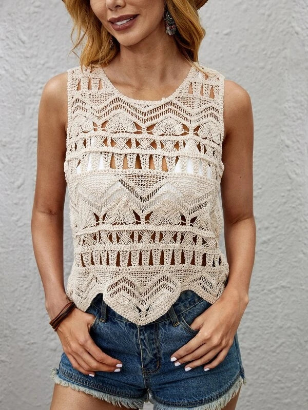 Women Summer Vacation Sleeveless Crochet Solid Top Crochet hook