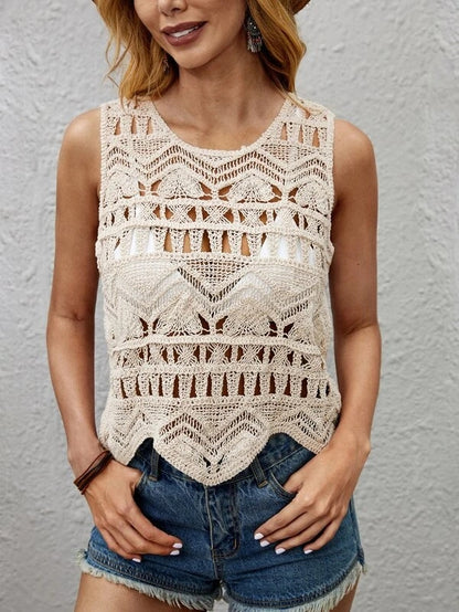 Women Summer Vacation Sleeveless Crochet Solid Top Crochet hook