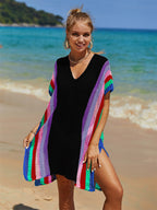 Summer Beach Cover-up Hollow Out Cutout Knitted Rainbow Holiday Bikini Cover Sun Protection Clothing Women