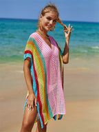 Summer Beach Cover-up Hollow Out Cutout Knitted Rainbow Holiday Bikini Cover Sun Protection Clothing Women