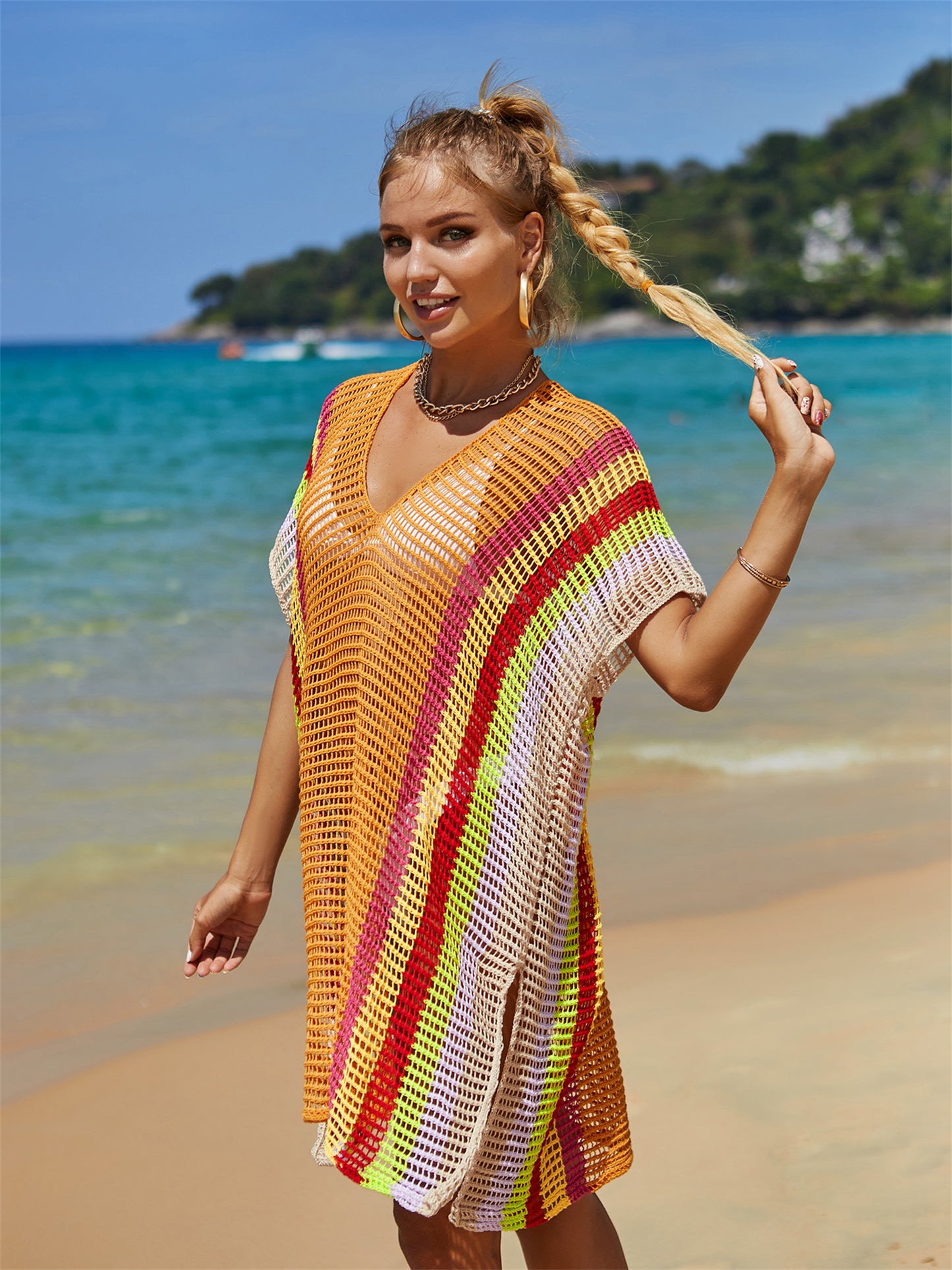 Traje de baño playero de verano con aberturas y recortes de punto arcoíris para mujer