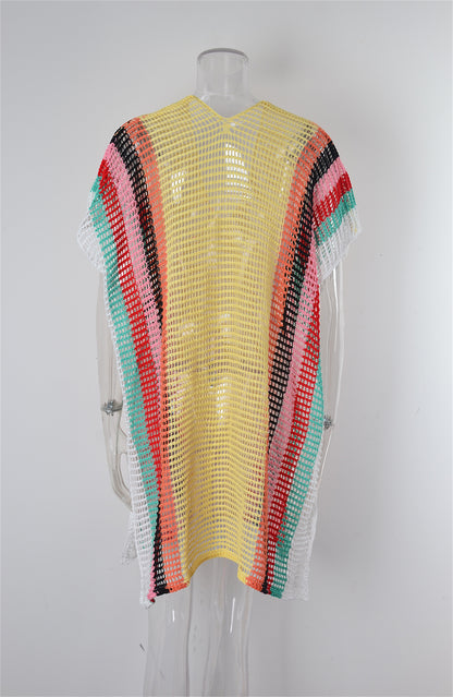 Traje de baño playero de verano con aberturas y recortes de punto arcoíris para mujer