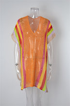 Summer Beach Cover-up Hollow Out Cutout Knitted Rainbow Holiday Bikini Cover Sun Protection Clothing Women