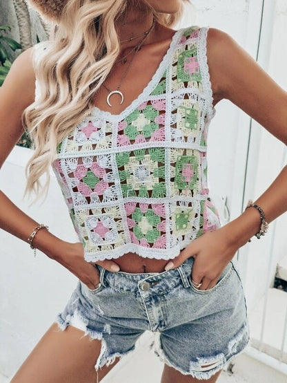 Women Summer Vacation Sleeveless Crochet Floral Crop Top Crochet hook