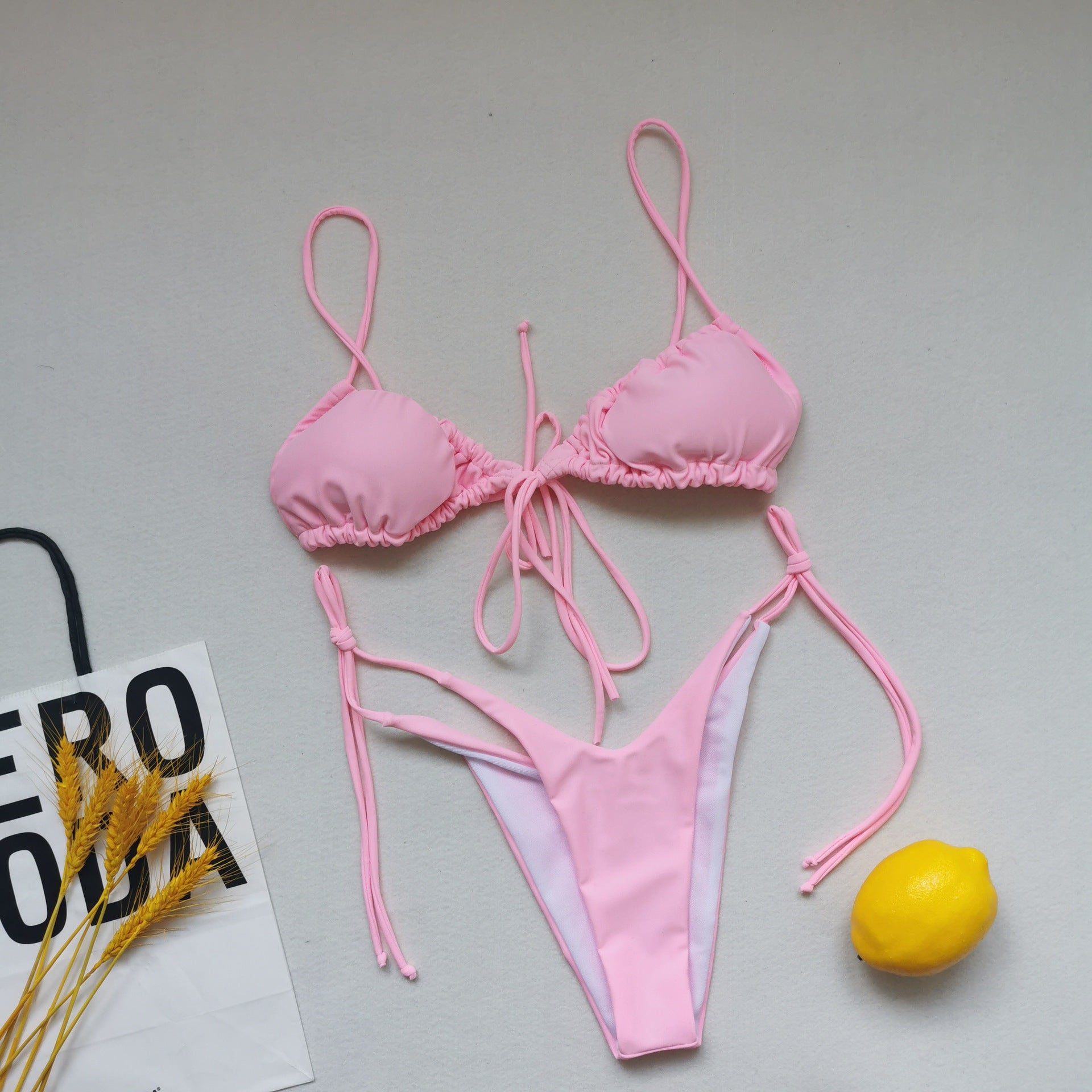 Maillot de bain bandage à bretelles pour femmes, plissé, push-up, cordon de serrage, sexy, couleur unie, bikini