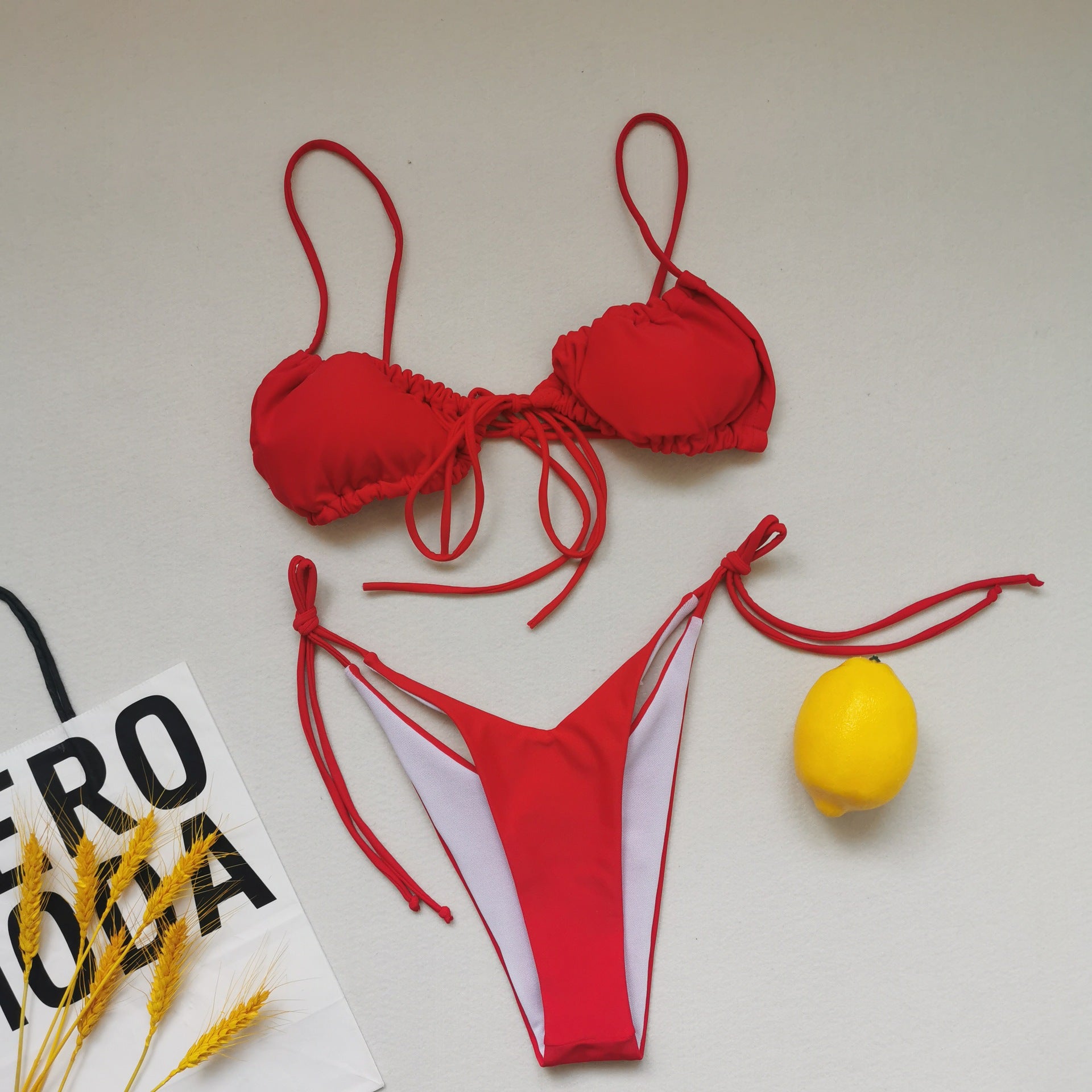 Maillot de bain bandage à bretelles pour femmes, plissé, push-up, cordon de serrage, sexy, couleur unie, bikini