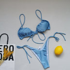 Maillot de bain bandage à bretelles pour femmes, plissé, push-up, cordon de serrage, sexy, couleur unie, bikini
