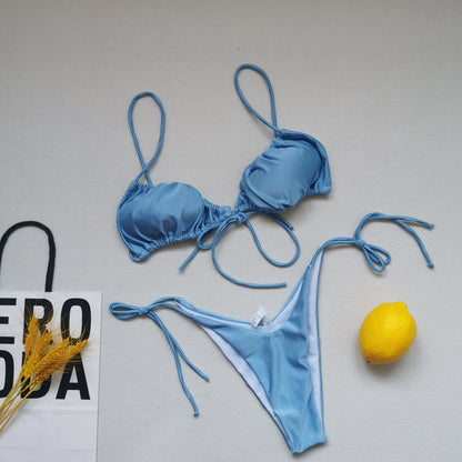 Sling Bandage Swimsuit Women Pleated Push up Drawstring Sexy Solid Color Bikini Swimsuit