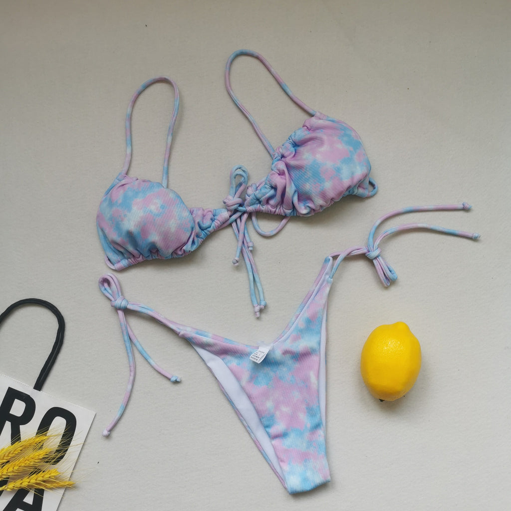 Maillot de bain bandage à bretelles pour femmes, plissé, push-up, cordon de serrage, sexy, couleur unie, bikini