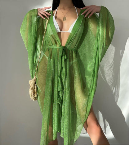 Blusa sexy con escote en V profundo, protección solar para playa, informal, holgada, con cordones