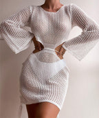 Sexy Hollow Out Cutout Out Beach Knitted Long Sleeved Bikini Casual Vacation Sun Protection Dress Menara