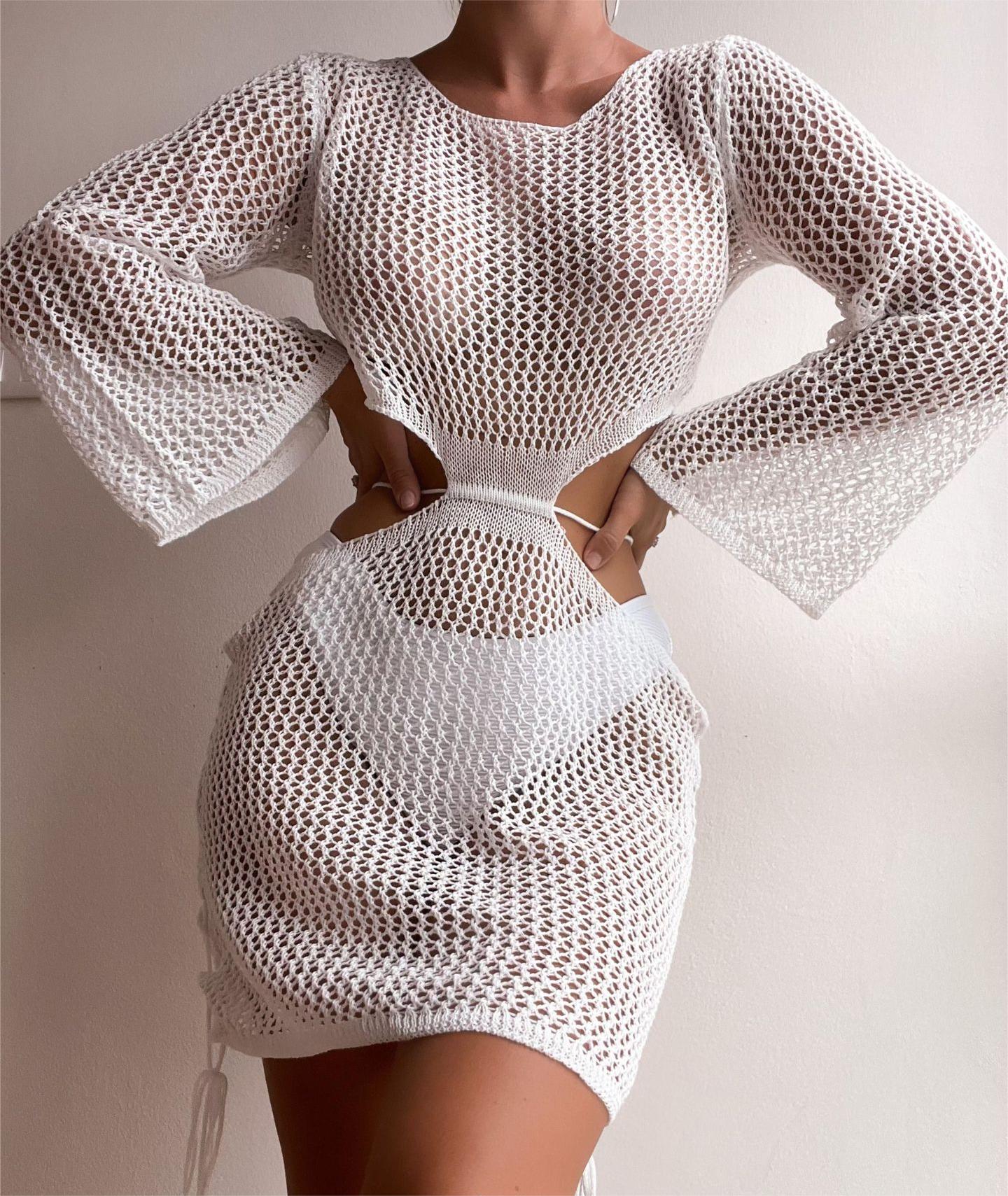 Sexy Hollow Out Cutout Out Beach Knitted Long Sleeved Bikini Casual Vacation Sun Protection Dress Menara
