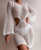 Sexy Hollow Out Cutout Out Beach Knitted Long Sleeved Bikini Casual Vacation Sun Protection Dress Menara