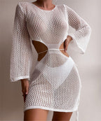 Sexy Hollow Out Cutout Out Beach Knitted Long Sleeved Bikini Casual Vacation Sun Protection Dress Menara