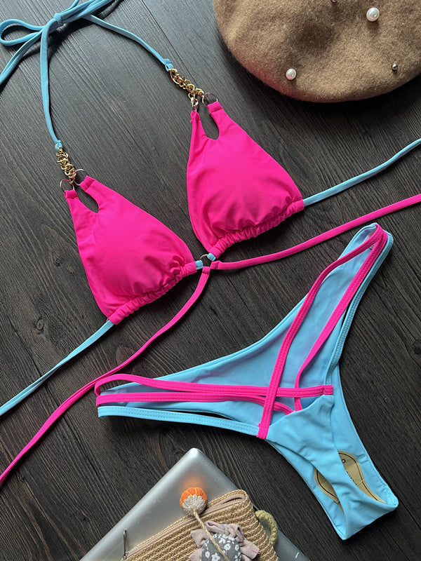Bikini de nailon con cadena y espalda descubierta, sexy, a juego