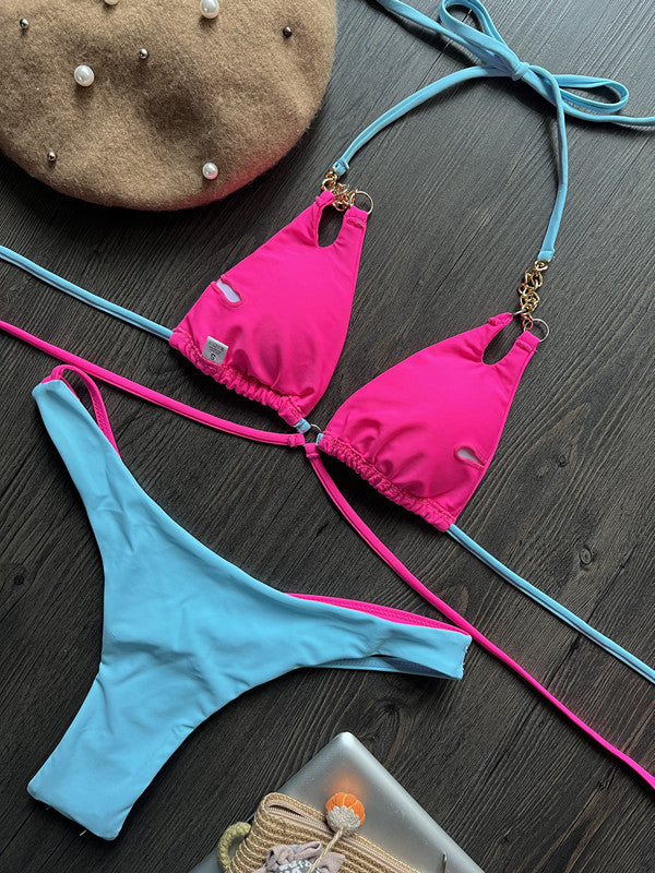 Bikini de nailon con cadena y espalda descubierta, sexy, a juego