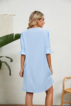 Summer Solid Color V neck Loose Pleated Half Length Sleeve Dress Women Rinka