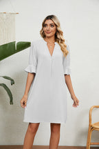 Summer Solid Color V neck Loose Pleated Half Length Sleeve Dress Women Rinka
