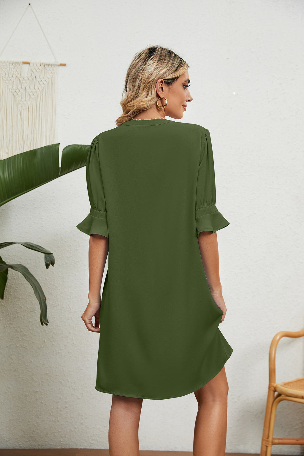 Summer Solid Color V neck Loose Pleated Half Length Sleeve Dress Women Rinka