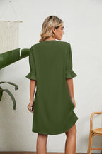 Summer Solid Color V neck Loose Pleated Half Length Sleeve Dress Women Rinka
