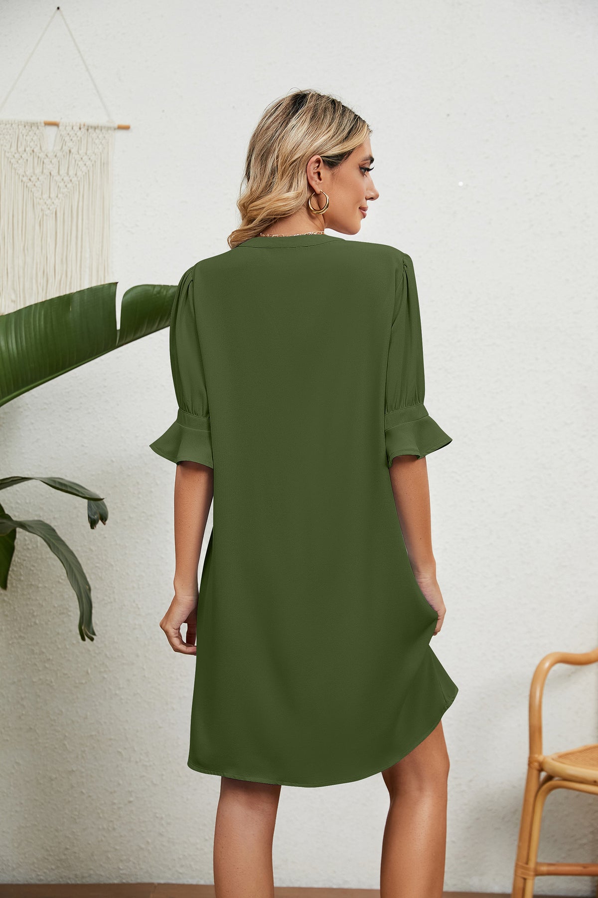 Summer Solid Color V neck Loose Pleated Half Length Sleeve Dress Women Rinka