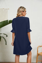 Summer Solid Color V neck Loose Pleated Half Length Sleeve Dress Women Rinka