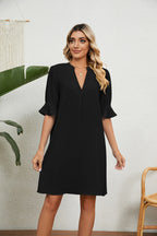 Summer Solid Color V neck Loose Pleated Half Length Sleeve Dress Women Rinka