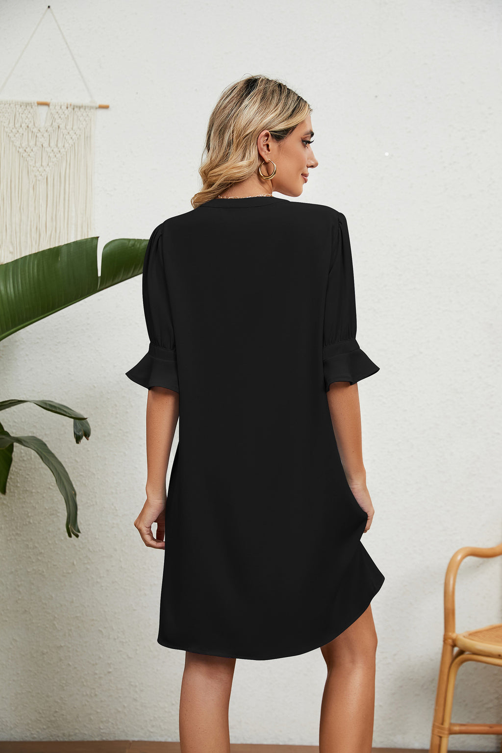 Summer Solid Color V neck Loose Pleated Half Length Sleeve Dress Women Rinka