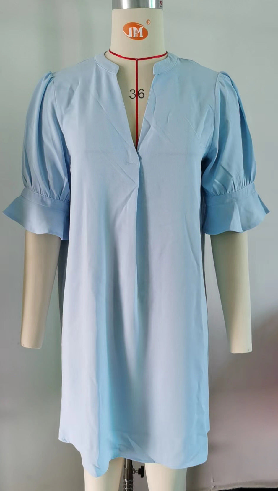 Summer Solid Color V neck Loose Pleated Half Length Sleeve Dress Women Rinka