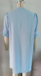 Summer Solid Color V neck Loose Pleated Half Length Sleeve Dress Women Rinka